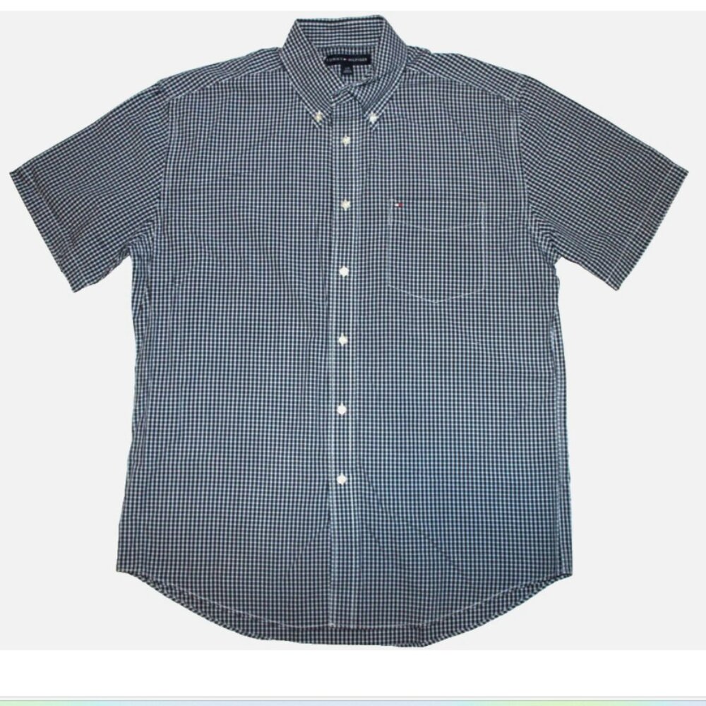 Men's L Tommy Hilfiger Black White Check Shirt Large Button Front Short Sleeve